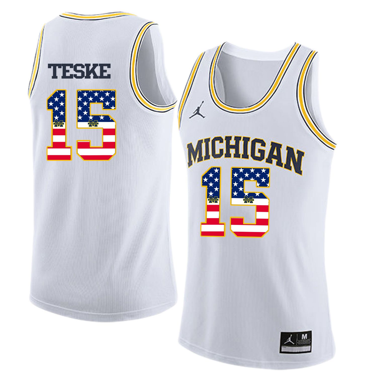 Men Jordan University of Michigan Basketball White 15 Teske Flag Customized NCAA Jerseys